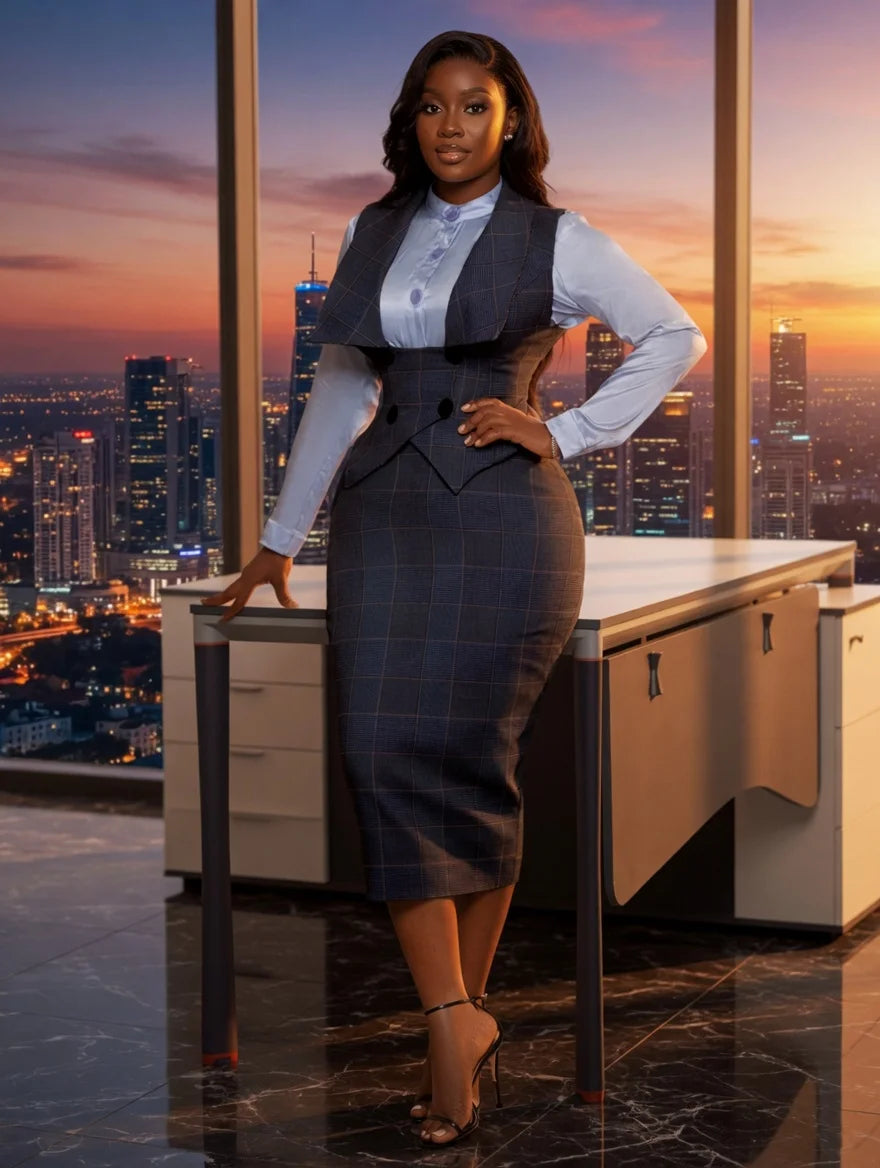 New Sexy Button-Down Plaid Pencil Skirt Slim Fit 2-Piece Set | Women&