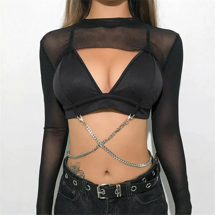 Sultry Lace Mesh Backless Club Top With Tassel Accent