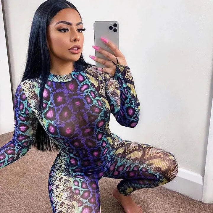 Sultry Snakeskin Turtleneck Jumpsuit For Women Clubwear