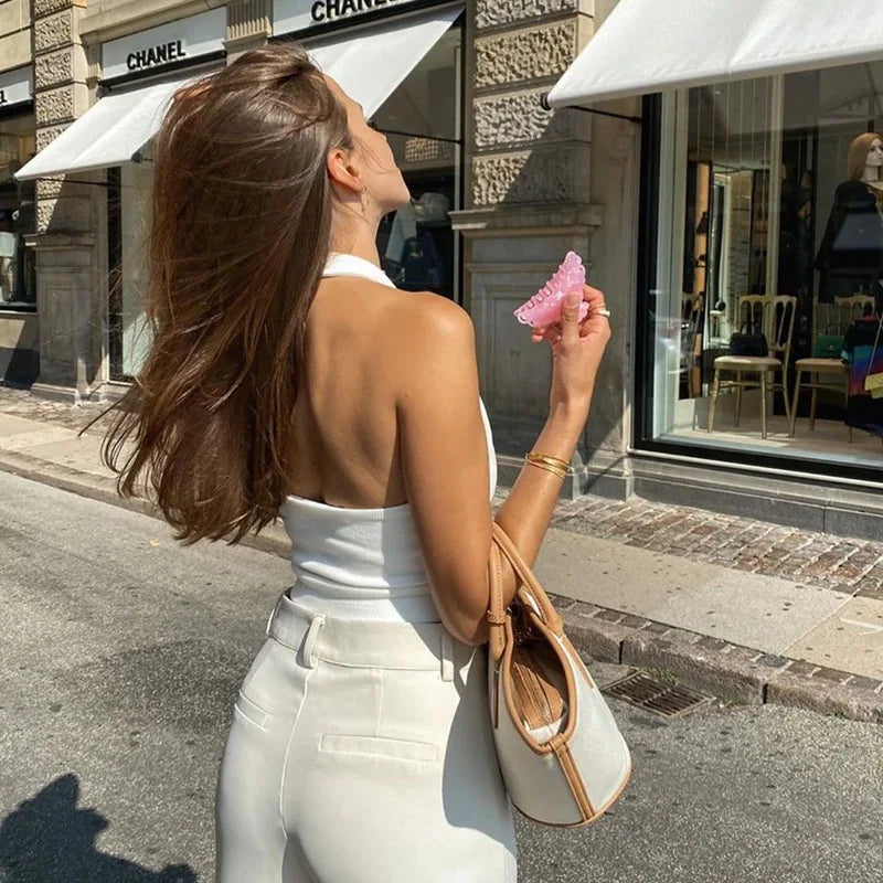 Dozw Women White Ribbed Knit Halter Top For Summer