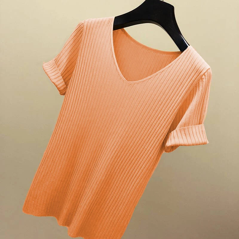 AOSSVIAO Women Slim Ribbed V Neck Cotton Sweater