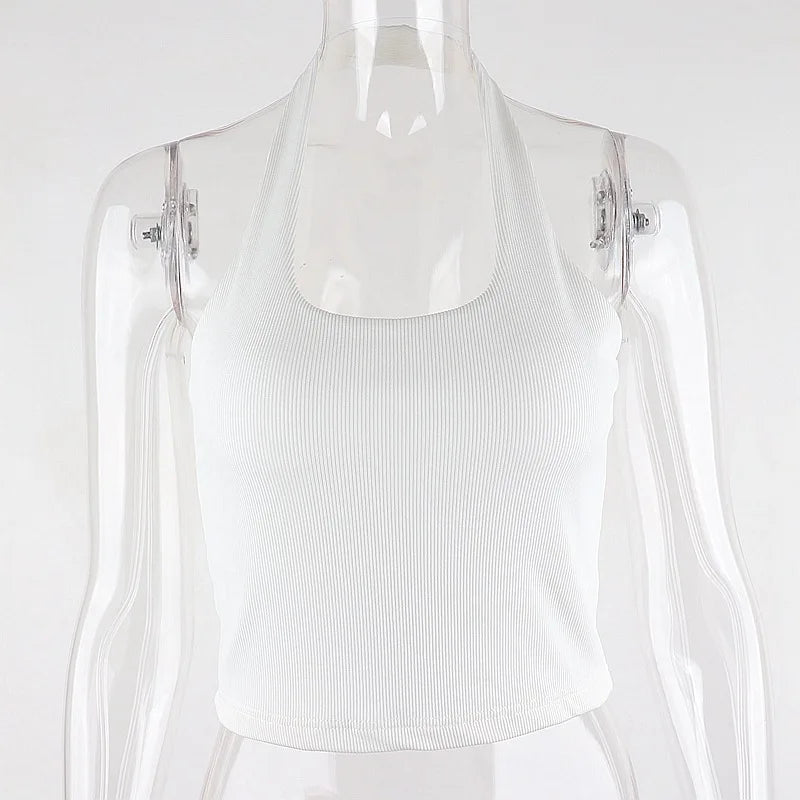 Dozw Women White Ribbed Knit Halter Top For Summer