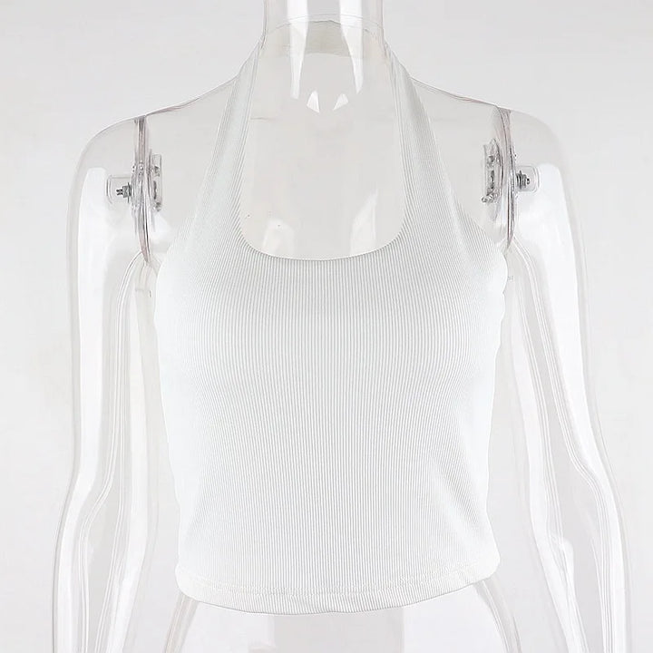 Dozw Women White Ribbed Knit Halter Top For Summer
