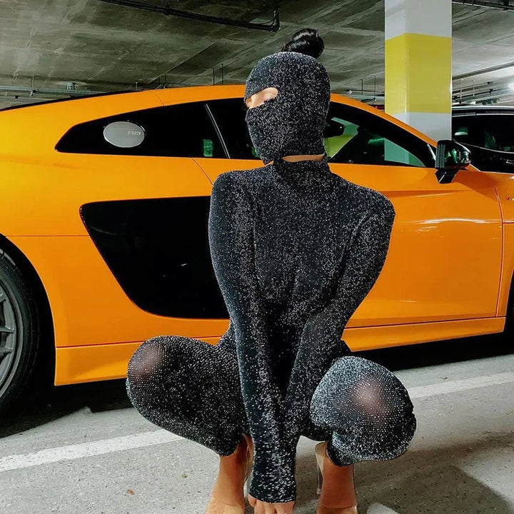 Shiny Bodycon Hooded Jumpsuit Women Backless