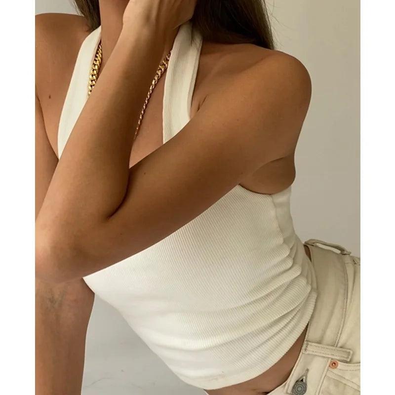 Dozw Women White Ribbed Knit Halter Top For Summer