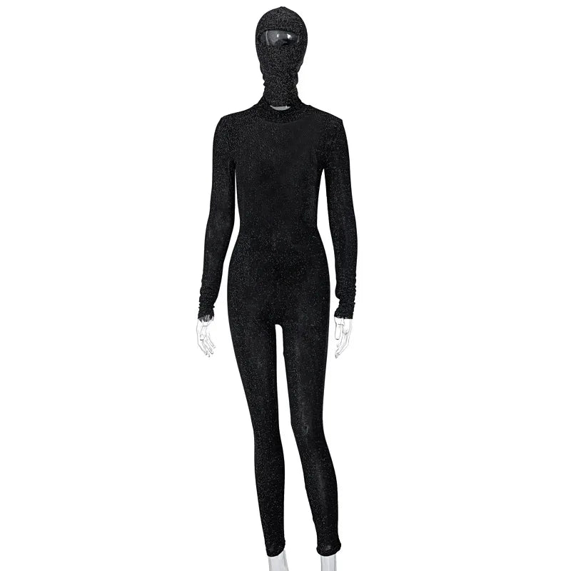 Shiny Bodycon Hooded Jumpsuit Women Backless