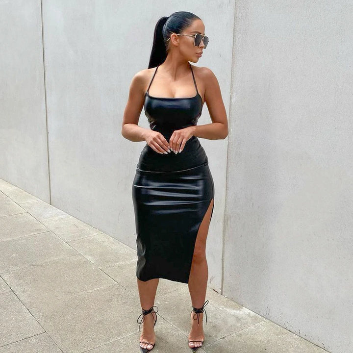 Women Leather Bandage Backless Bodycon Dress