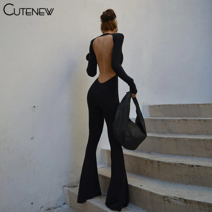 Cute New Women Black Wide Leg Jumpsuit For Autumn