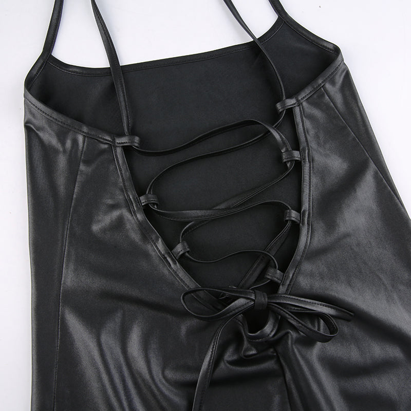 Elegant Leather Backless Mini Dress For Stunning
