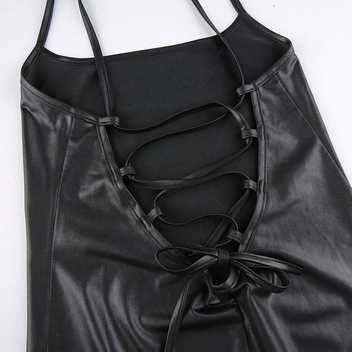 Elegant Leather Backless Mini Dress For Stunning