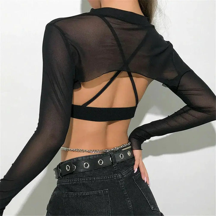 Sultry Lace Mesh Backless Club Top With Tassel Accent