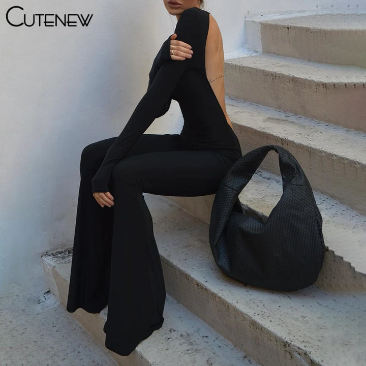 Cute New Women Black Wide Leg Jumpsuit For Autumn