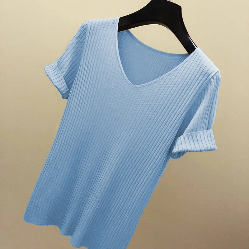 AOSSVIAO Women Slim Ribbed V Neck Cotton Sweater