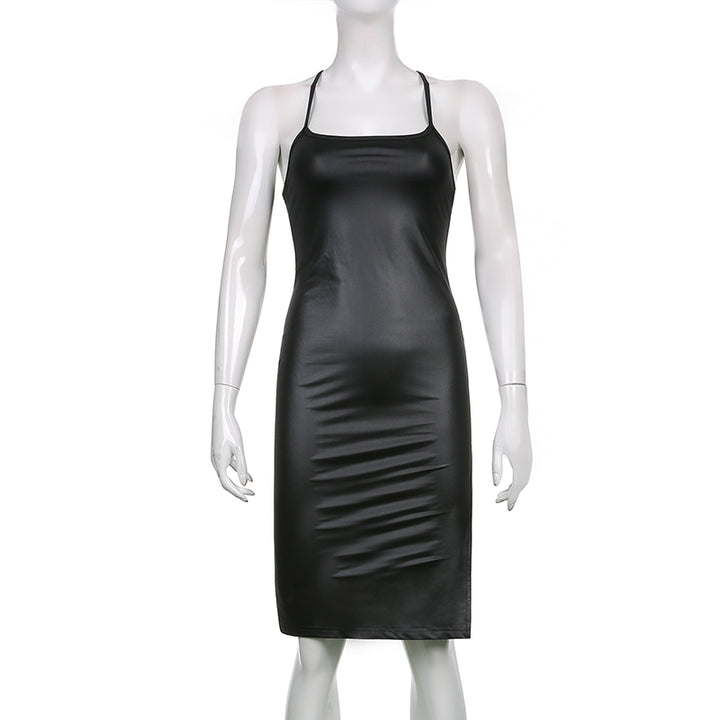 Elegant Leather Backless Mini Dress For Stunning