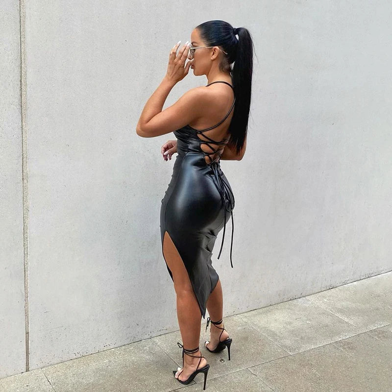Women Leather Bandage Backless Bodycon Dress