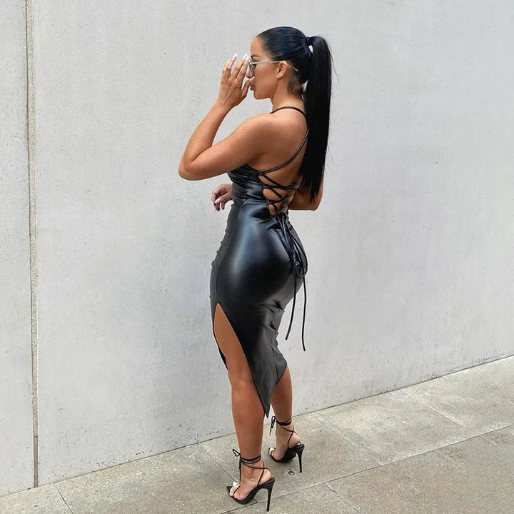 Women Leather Bandage Backless Bodycon Dress