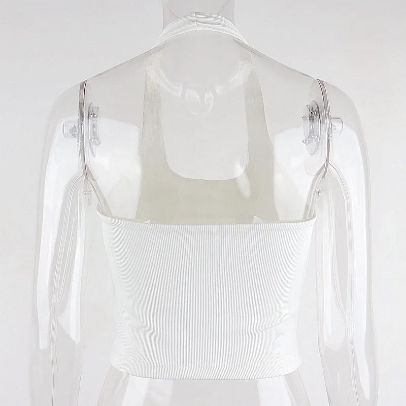 Dozw Women White Ribbed Knit Halter Top For Summer