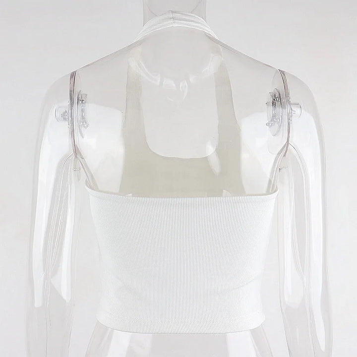 Dozw Women White Ribbed Knit Halter Top For Summer