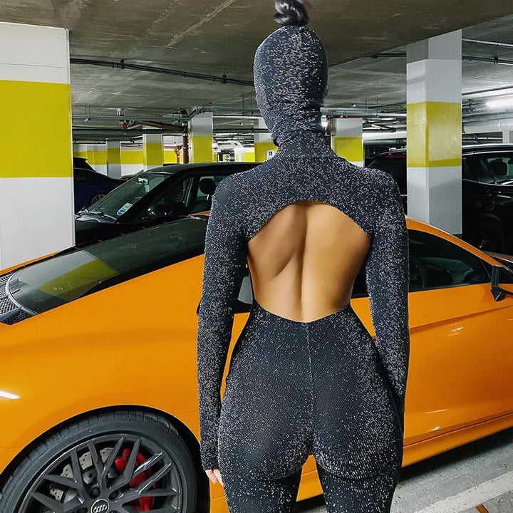 Shiny Bodycon Hooded Jumpsuit Women Backless