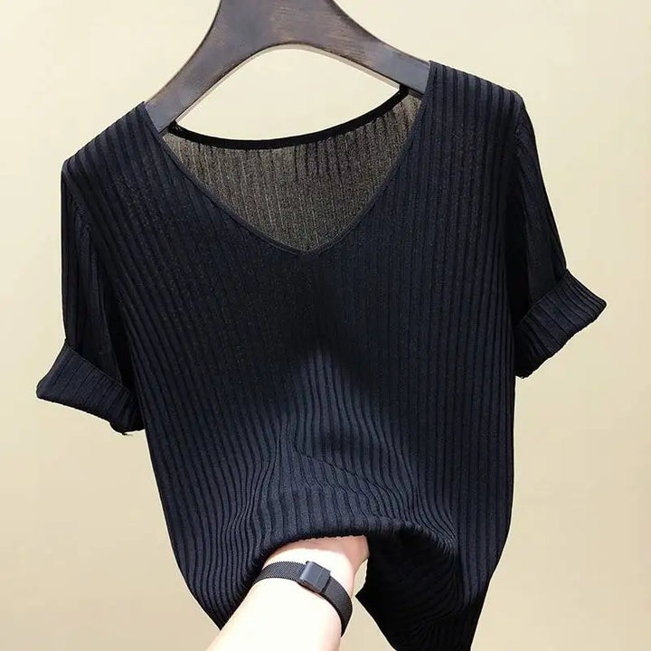 AOSSVIAO Women Slim Ribbed V Neck Cotton Sweater