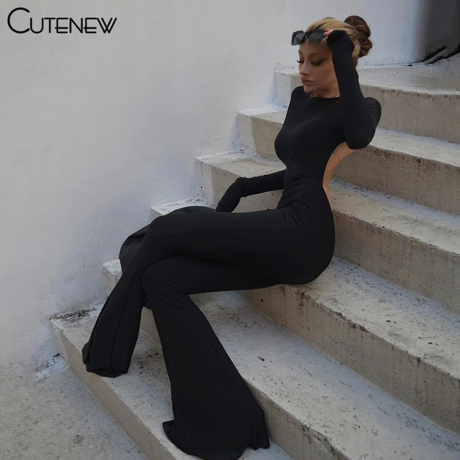 Cute New Women Black Wide Leg Jumpsuit For Autumn