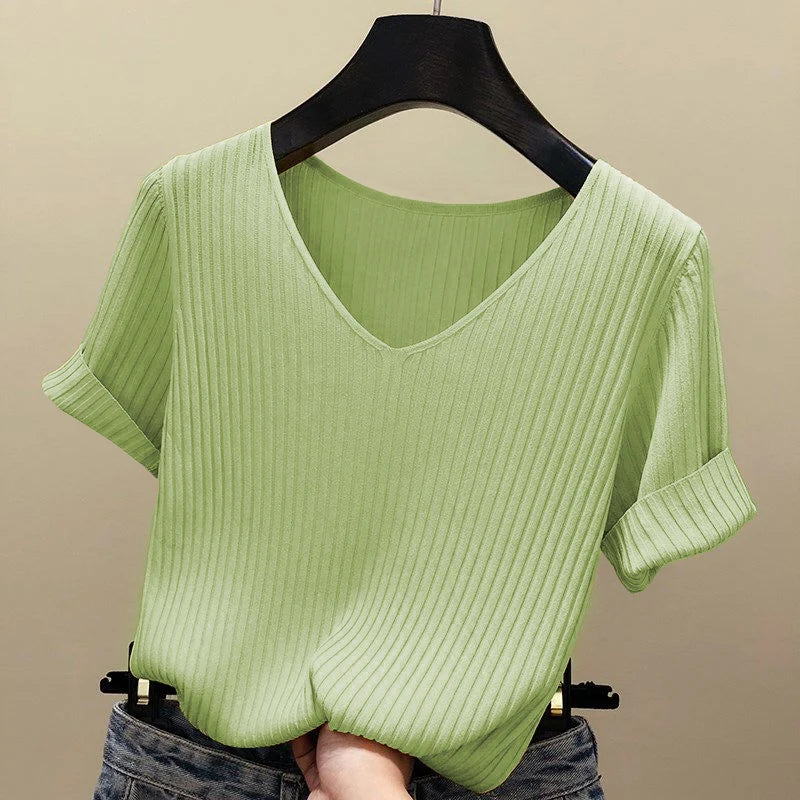 AOSSVIAO Women Slim Ribbed V Neck Cotton Sweater