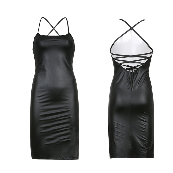 Women Leather Bandage Backless Bodycon Dress