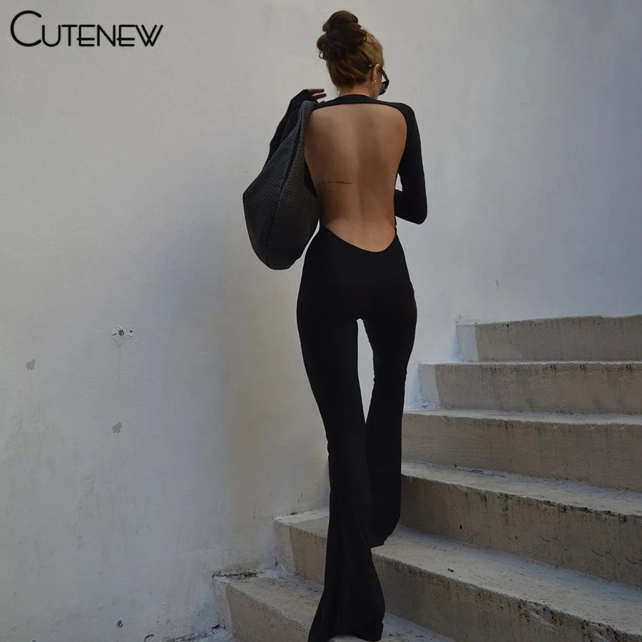 Cute New Women Black Wide Leg Jumpsuit For Autumn