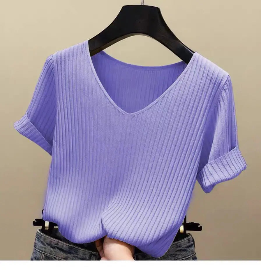 AOSSVIAO Women Slim Ribbed V Neck Cotton Sweater