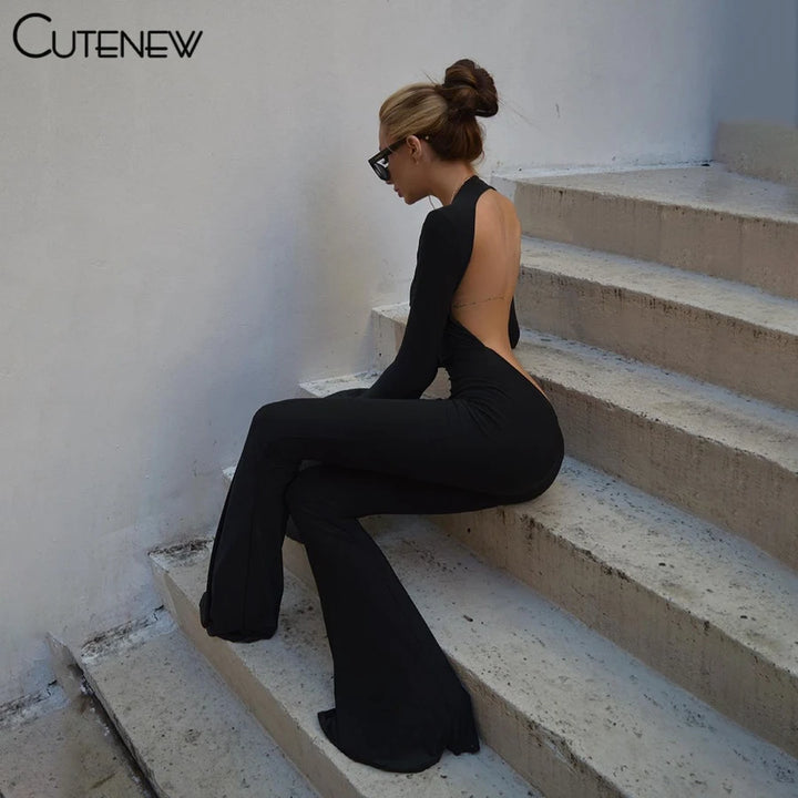 Cute New Women Black Wide Leg Jumpsuit For Autumn