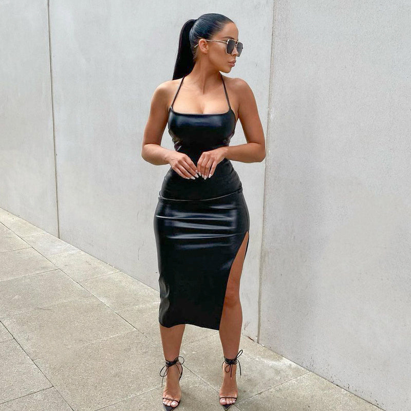 Elegant Leather Backless Mini Dress For Stunning