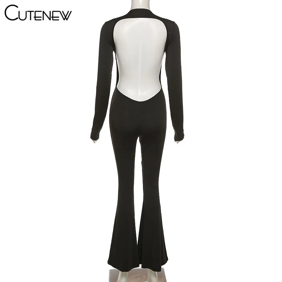 Cute New Women Black Wide Leg Jumpsuit For Autumn