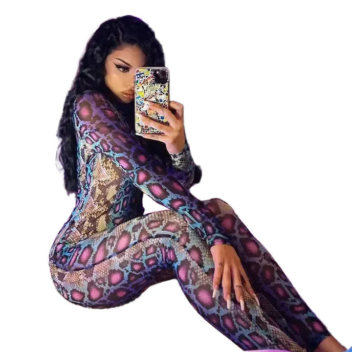 Sultry Snakeskin Turtleneck Jumpsuit For Women Clubwear