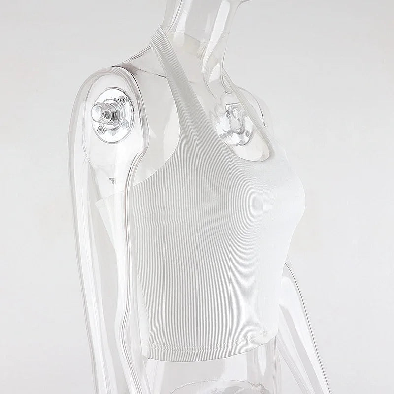 Dozw Women White Ribbed Knit Halter Top For Summer