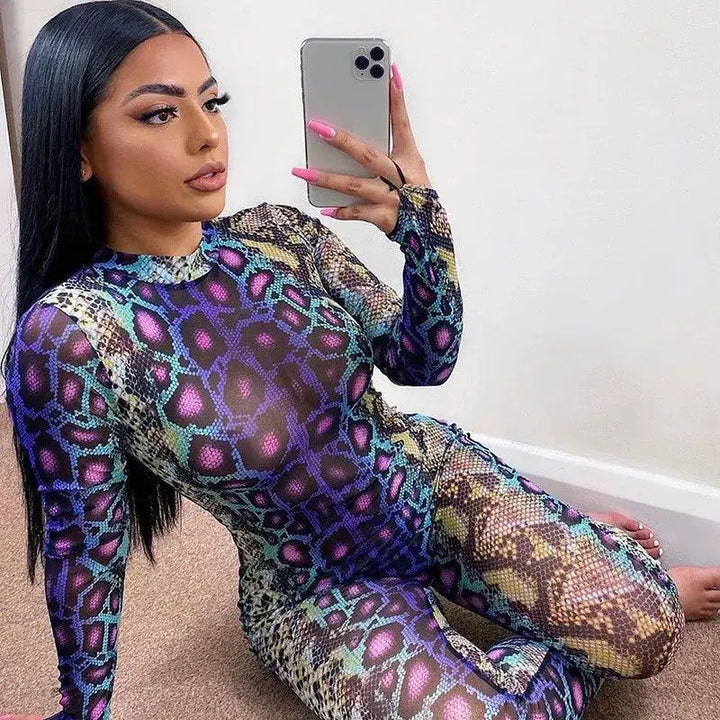 Sultry Snakeskin Turtleneck Jumpsuit For Women Clubwear