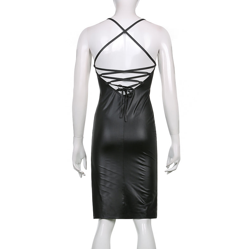 Elegant Leather Backless Mini Dress For Stunning