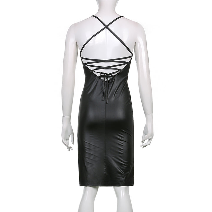 Elegant Leather Backless Mini Dress For Stunning