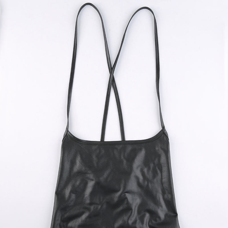 Elegant Leather Backless Mini Dress For Stunning