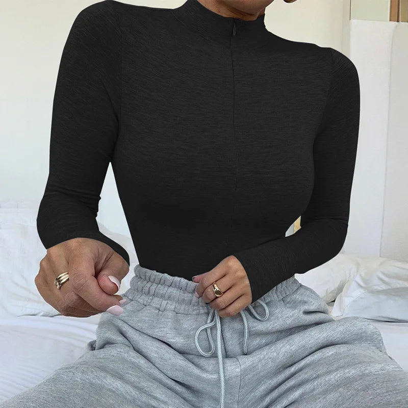 Grosfairy Women Mock Neck Long Sleeve Slim Fit