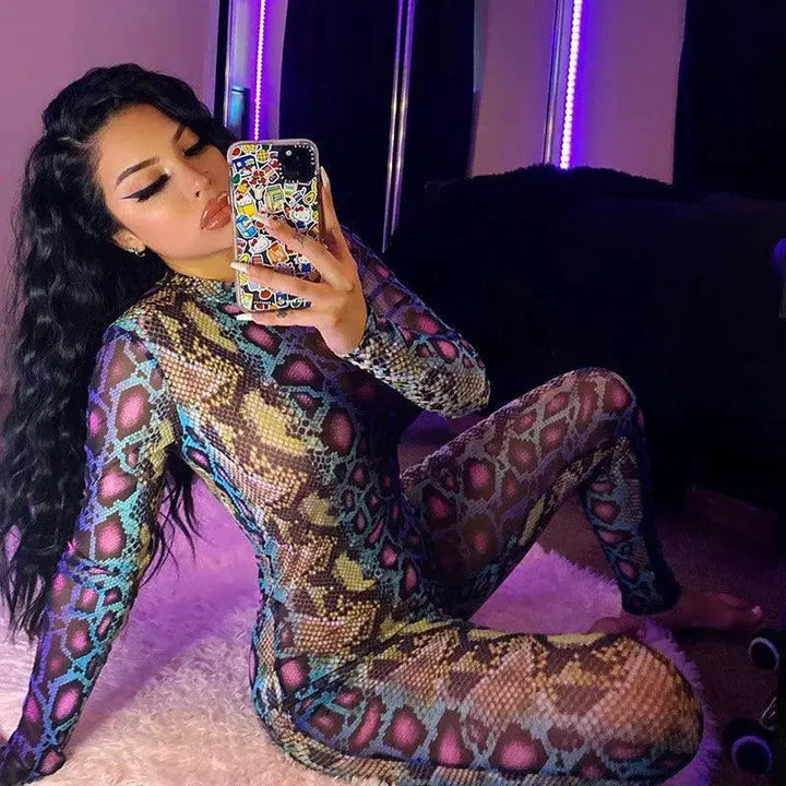 Sultry Snakeskin Turtleneck Jumpsuit For Women Clubwear