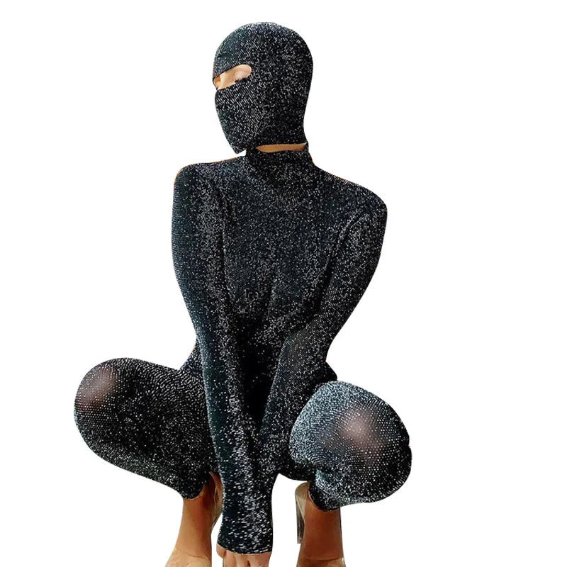 Shiny Bodycon Hooded Jumpsuit Women Backless