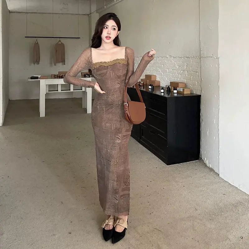 Insdoit Lace Bodycon Dress Retro Chic Winter Fashion