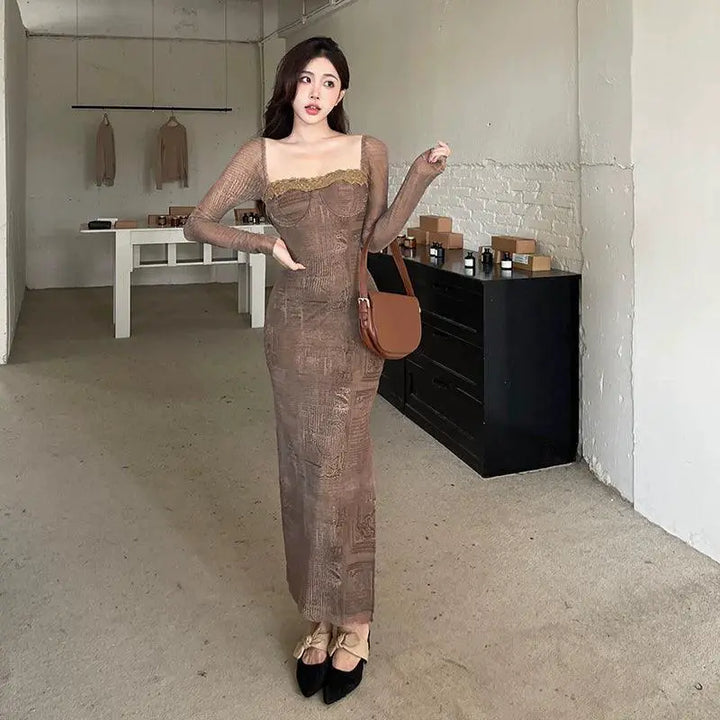 Insdoit Lace Bodycon Dress Retro Chic Winter Fashion