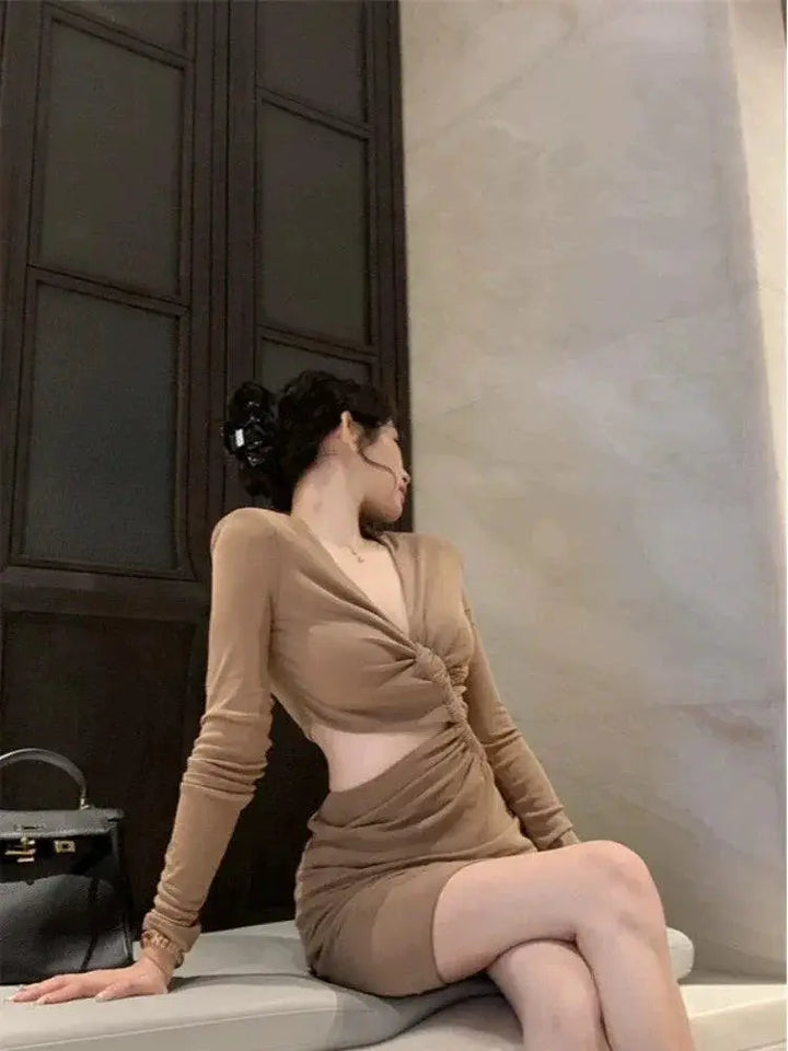 V Neck Pleating Slim Fit Dress Hollow Out Bodycon Chic