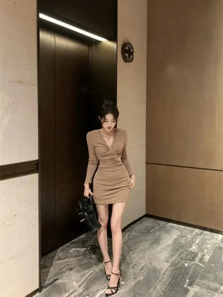 V Neck Pleating Slim Fit Dress Hollow Out Bodycon Chic