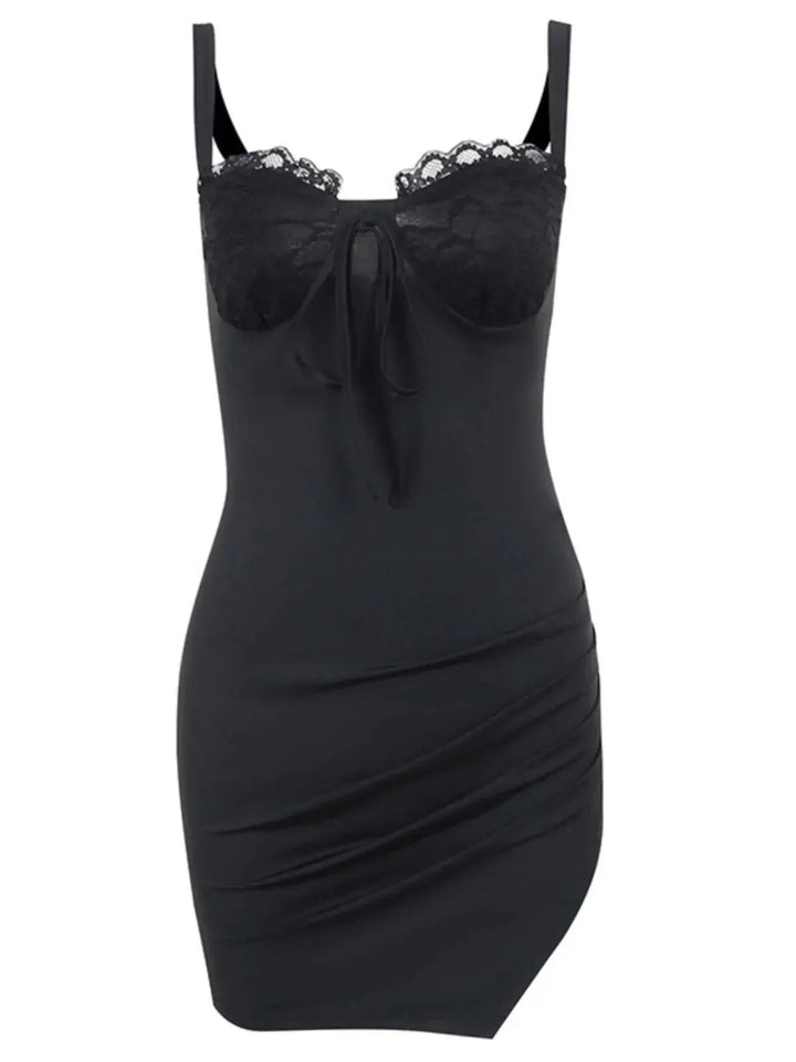 Split Spy Girl Strap Dress V Neck Lace Trim Slim Fit Slit - OurLum.com