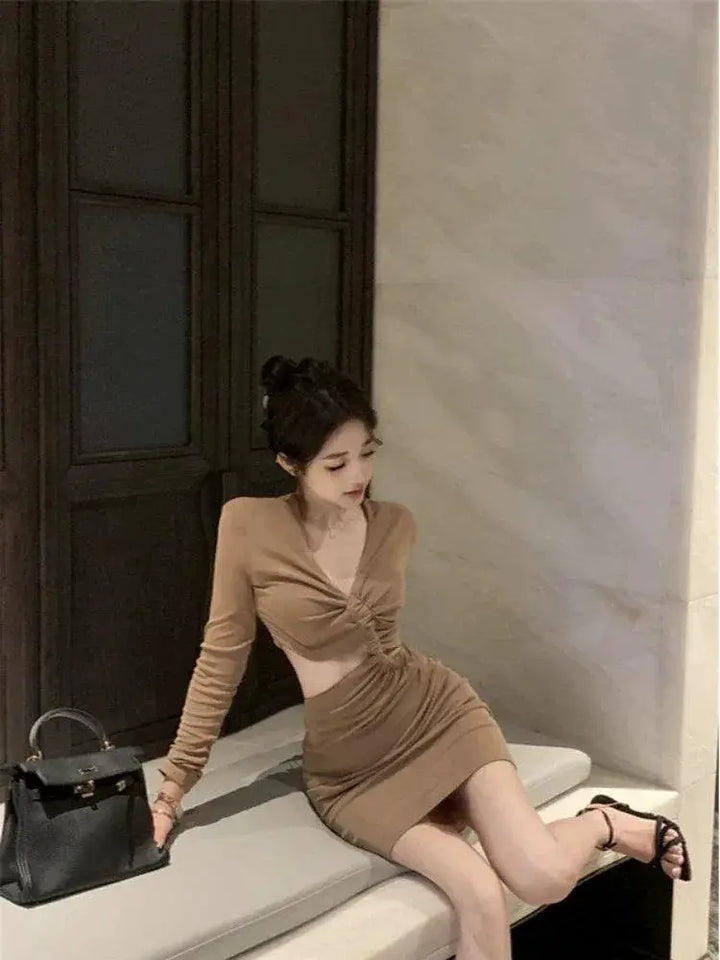 V Neck Pleating Slim Fit Dress Hollow Out Bodycon Chic
