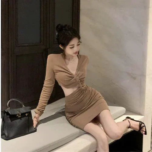 V Neck Pleating Slim Fit Dress Hollow Out Bodycon Chic