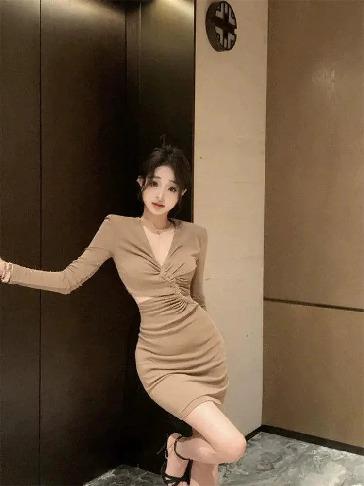 V Neck Pleating Slim Fit Dress Hollow Out Bodycon Chic