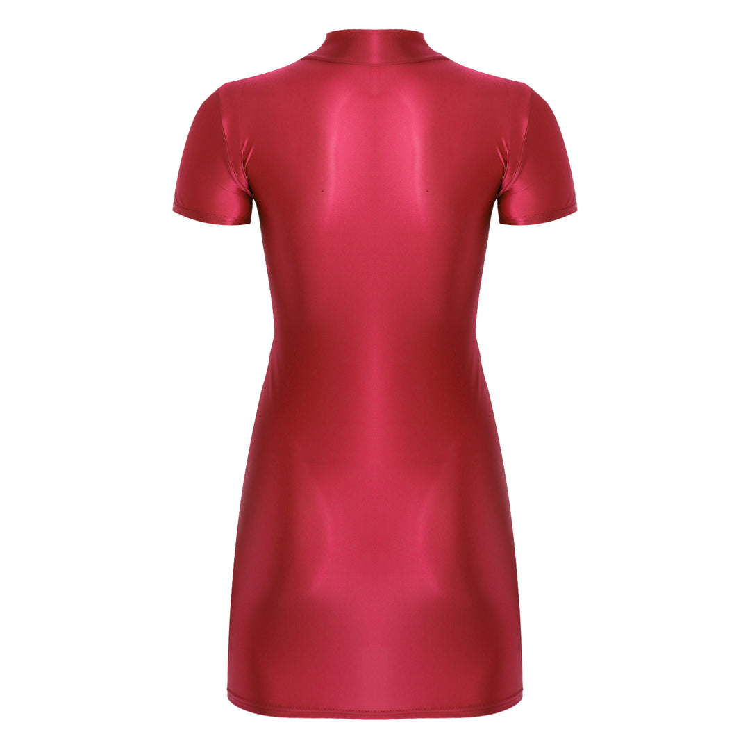 Signature Glossy Mock Neck Mini Dress For Tropical